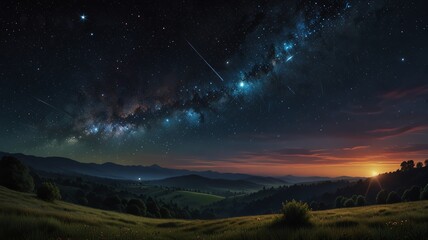 Fototapeta premium Here are a few options for your stock photo description, all under 200 characters:..**Option 1 (Focus on drama):**..> Dramatic sunset and Milky Way panorama