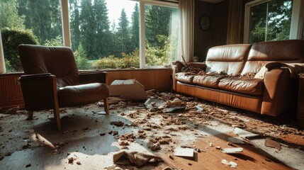 A sunlit room featuring leather seating amid disorder, with nature visible through large windows, capturing a juxtaposition of chaos inside and serenity outside.
