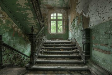 Interior view of a ruined staircase with crumbling green tiles and plaster, illuminated by a window