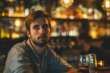 Obraz premium Generative AI Image of a Person in a Bar with Warm Lighting, Evoking Nightlife Atmosphere