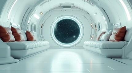 A spacious and elegant lounge area in a futuristic spacecraft, complete with large windows offering an expansive view of the distant stars and galaxies beyond.