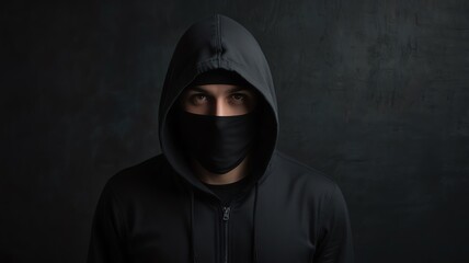 Here are a few options for your stock photo description, all under 200 characters:..**Option 1 (Mysterious):**..> Mysterious hooded figure in black mask