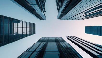 Geometric Facades of Urban Skyscrapers Against a Soft Blue Sky