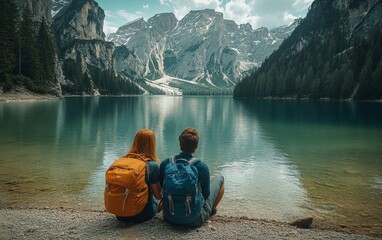 Couple enjoying breathtaking views by a serene lake surrounded by majestic mountains in summer