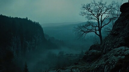 Obraz premium Lone tree on cliff overlooking misty valley at dusk.