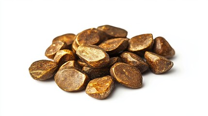 Obraz premium Roasted Almonds: A handful of roasted almonds with a darker, slightly golden color, isolated against a clean white background. 