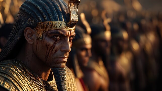 A powerful Egyptian pharaoh adorned in traditional golden attire and fierce expressions, radiating authority and mystique, surrounded by a backdrop of historical significance.