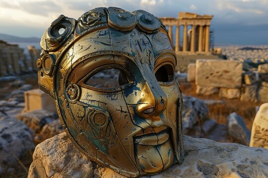Golden theatrical mask representing the emotions of tragedy in ancient greek theatre, with the acropolis of athens in the background - Powered by Adobe