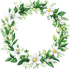 Fototapeta premium Floral wreath with Easter lilies, daisies, and budding branches