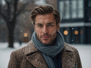 Man dressed in a stylish coat and scarf poses in a snowy urban setting during winter, showcasing a confident expression while snowflakes fall gently