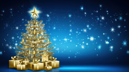 Glimmering Gold: Elegant Christmas Tree Ornaments and Gifts on Blue Background