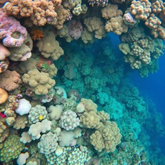 Vibrant underwater scene showcasing diverse coral reef formations