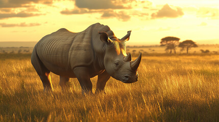 Obraz premium Rhinoceros standing in open grassland, photorealistic with golden sunlight highlighting the texture of its skin
