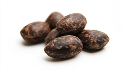 Obraz premium Roasted Almonds: A handful of roasted almonds with a darker, slightly golden color, isolated against a clean white background. 