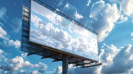 A large billboard displaying a blue sky with clouds, set against a vibrant backdrop.
