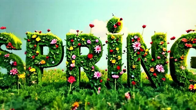 the word spring with a colorful image of nature inside the letters on a green background, the concept of the revival of nature, spring, spring mood