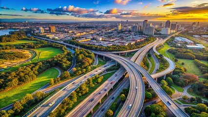Fototapeta premium Panoramic Aerial Drone Shot: Sydney Light Horse Interchange, M4 & M7 Motorways Junction