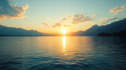 Fototapeta premium Serene sunset reflections over a tranquil lake aerial landscape photography