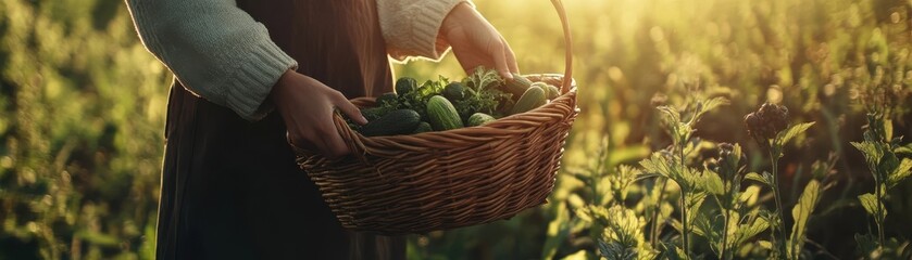Farmer Holding Basket of Fresh Organic Produce in Sunlit Countryside