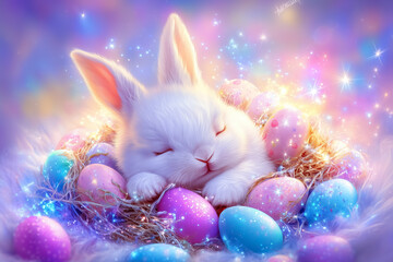 Fluffy baby bunny snoozes in a soft nest, encircled by vibrant pastel eggs, creating a magical and tranquil atmosphere