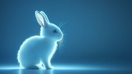 Glowing white rabbit sitting on blue background.