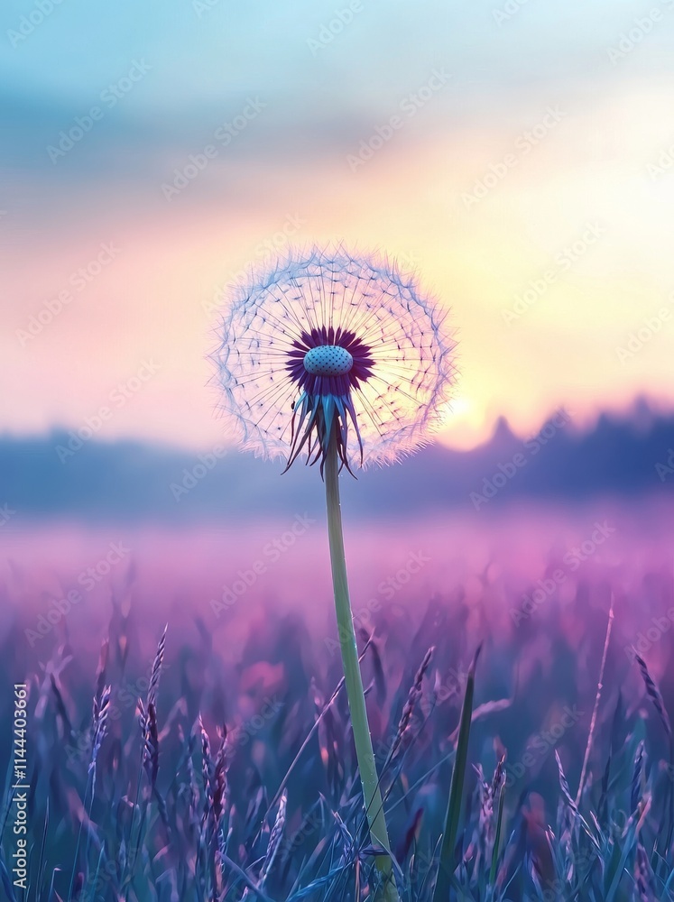 Poster an abstract close-up of a natural dandelion set against the backdrop of a setting sun.