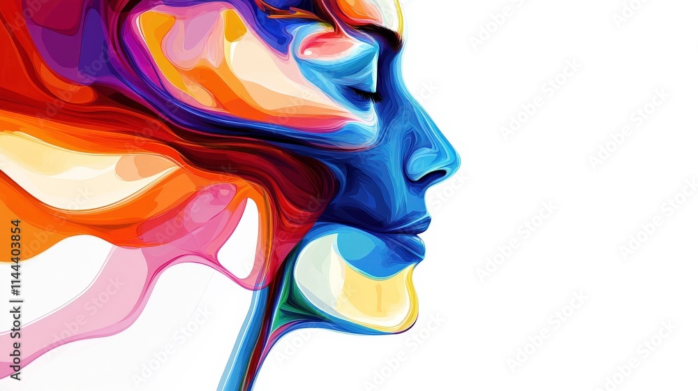 Poster abstract representation of a woman's face with vibrant colors and fluid shapes, showcasing emotion a
