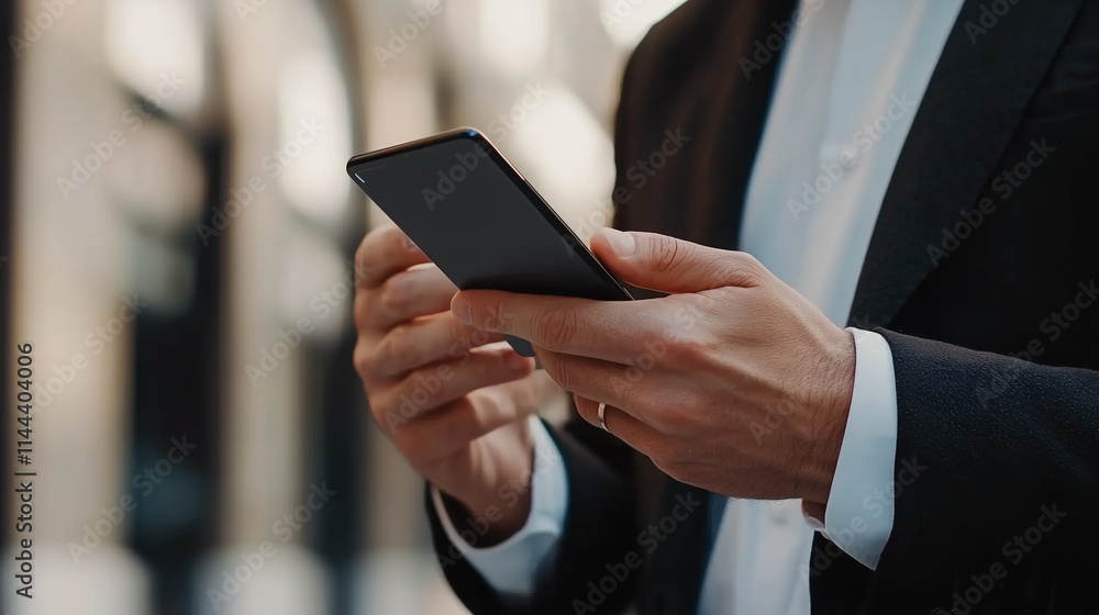 Aufkleber man uses smartphone while dressed in business attire in a modern urban setting