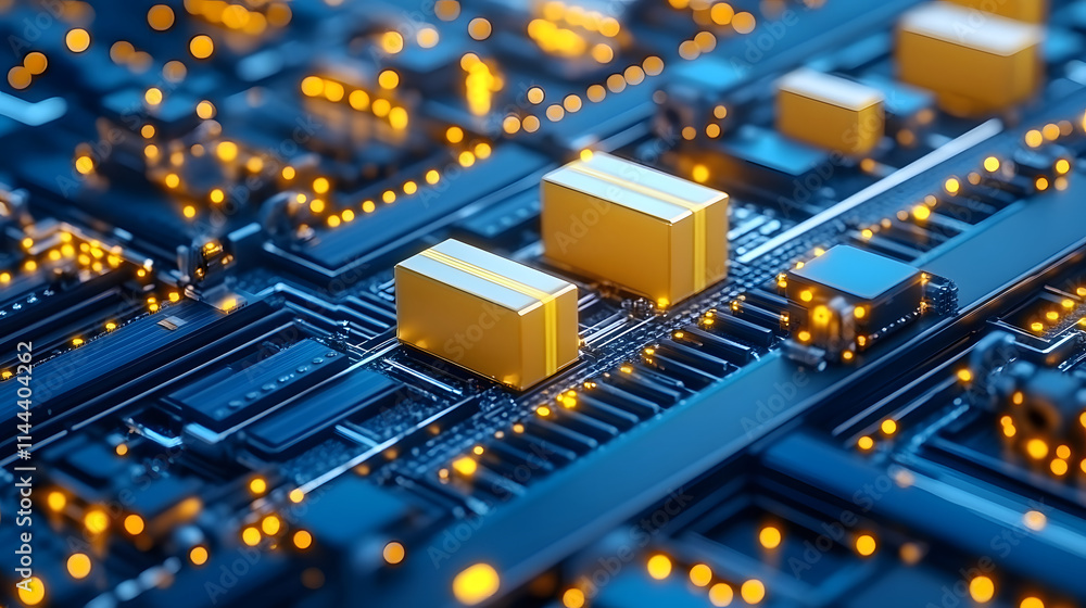 Aufkleber A close-up view of a computer circuit board featuring illuminated components and intricate connections, showcasing modern technology and electronic design