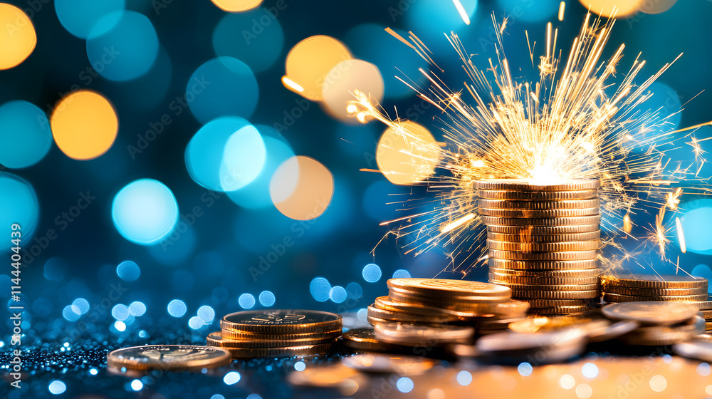 Poster A burst of sparks over a stack of coins, creating a visually striking contrast against a blue, bokeh background