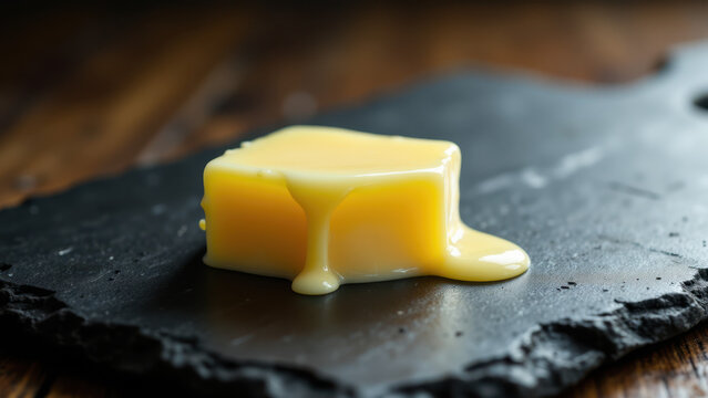 Beef tallow with melted fat globules on a black surface.