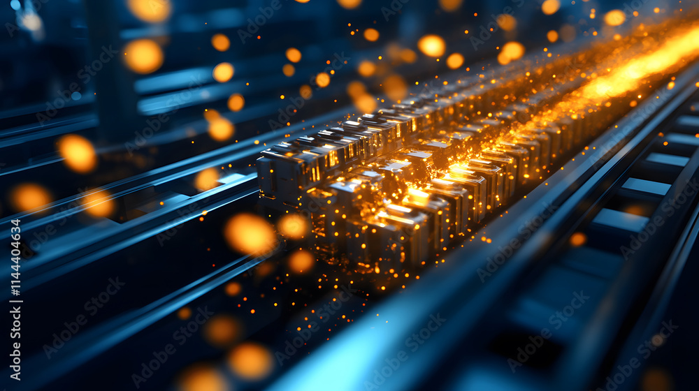 Poster A vibrant image depicting glowing particles and metallic elements, creating a dynamic industrial scene with a focus on motion and energy