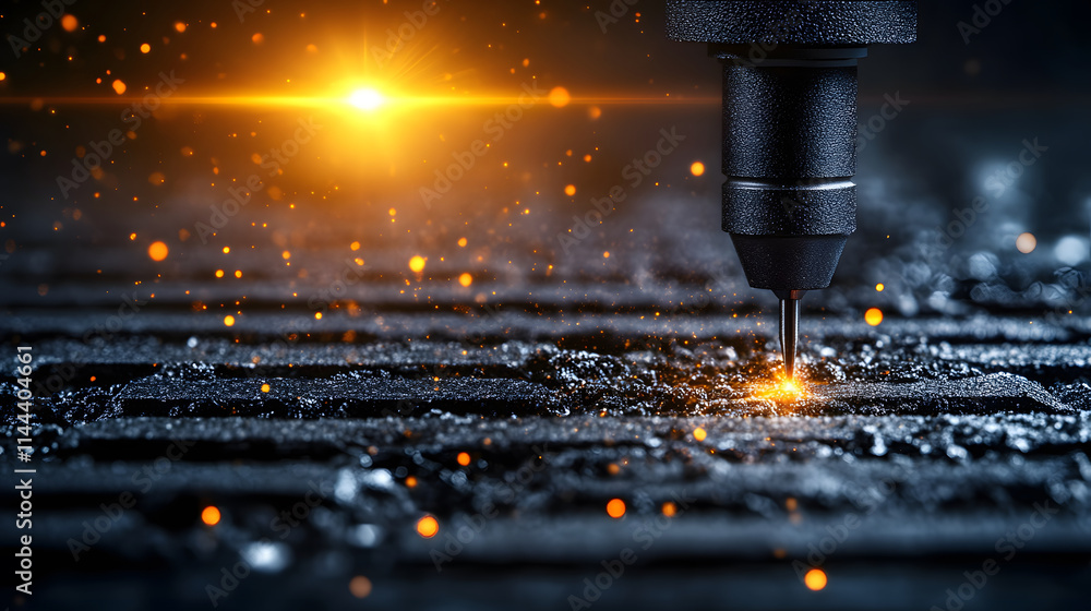 Poster a close-up of a precision laser cutting tool creating sparks on a metal surface, showcasing industri