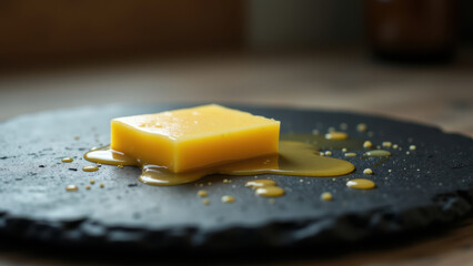 A block of yellow butter surrounded by melted butter on a black plate.