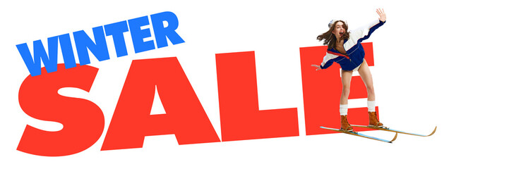 Fototapeta premium Poster. Contemporary art collage. Energetic skier mid-slide surrounded by SALE text, embodying dynamic winter sales atmosphere. Concept of seasonal shopping, tourism, discounts. Ad