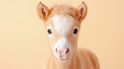 Adorable newborn foal with a pale face, light brown body, and big eyes, looking directly at the camera against a pale yellow background.
