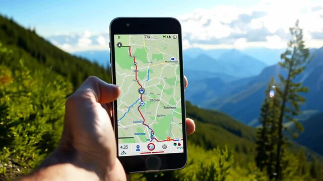First person view of a hiker using smartphone's GPS app in a mountain travel. The hiker uses their smartphone GPS to find new trails while enjoying the stunning mountain scenery.