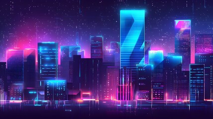 Digital art of a futuristic cityscape with glowing skyscrapers piercing the night sky, a vibrant illustration of urban technology