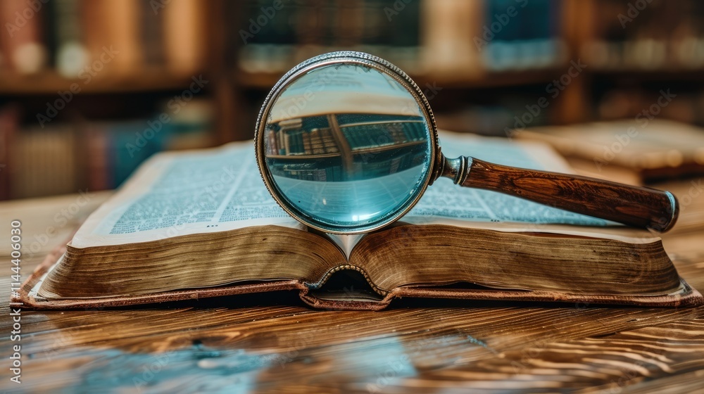 Aufkleber a magnifying glass rests on an open book, highlighting text in a library setting.