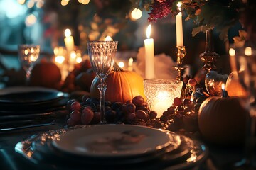 Festive table setting with candles and pumpkins on the table.