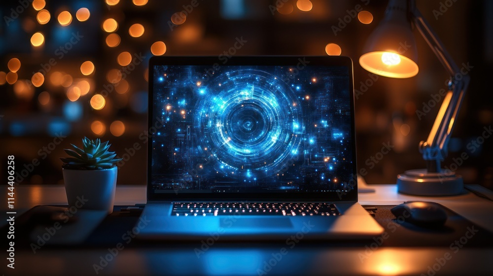 Poster laptop displaying a digital abstract design in a cozy setting.