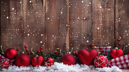 Red Christmas Ornaments on a Rustic Wooden Background