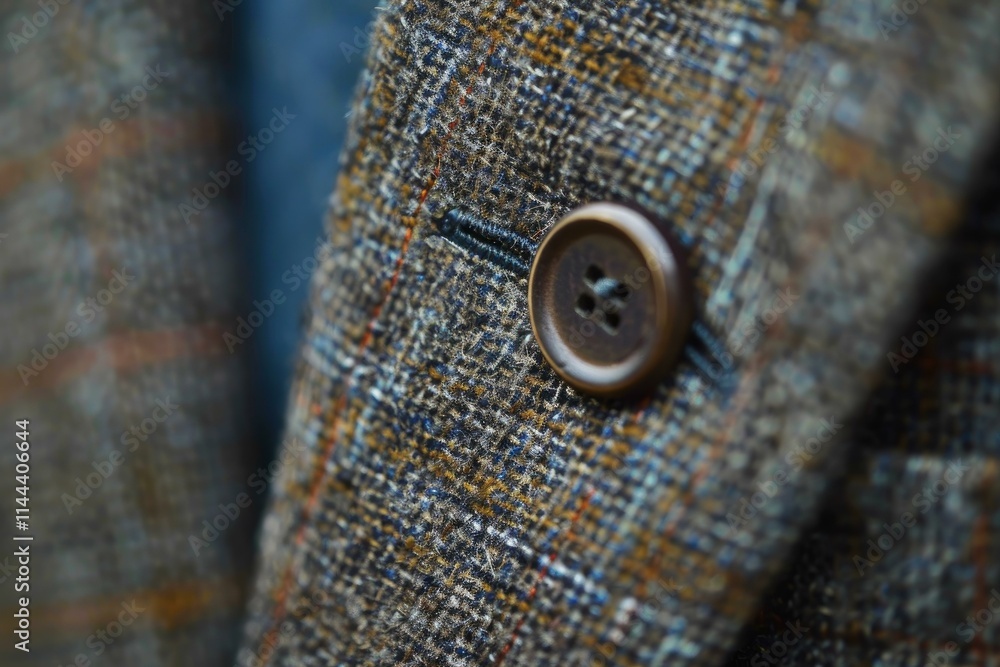 Poster close up image showing the texture and detail of a button on a tweed jacket
