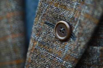 Close up image showing the texture and detail of a button on a tweed jacket