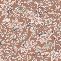 Fototapeta premium Seamless pattern with vintage Blooms in the pantone colour of the year Mocha Mousse. This can be used for printing on various surfaces like home textiles, fabrics, wallpapers, paper, digital etc. 