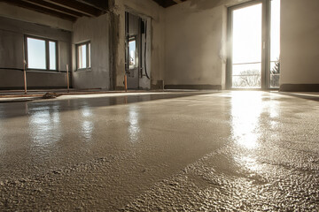 newly laid screed concrete mixed with cement to level floors. 