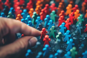 Hand choosing a red wooden peg person from a large diverse crowd of concept miniature figures