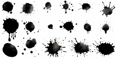 Splashes, drops, a set of black blots. Set of raster icons of liquid elements - illustration
