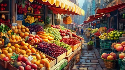 Fototapeta premium Vibrant market stall overflowing with seasonal fruits, colorful awnings and bustling cityscape in the background