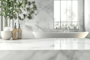 Modern bathroom interior with white tones. Empty marble table top for product display with blurred bathroom interior background